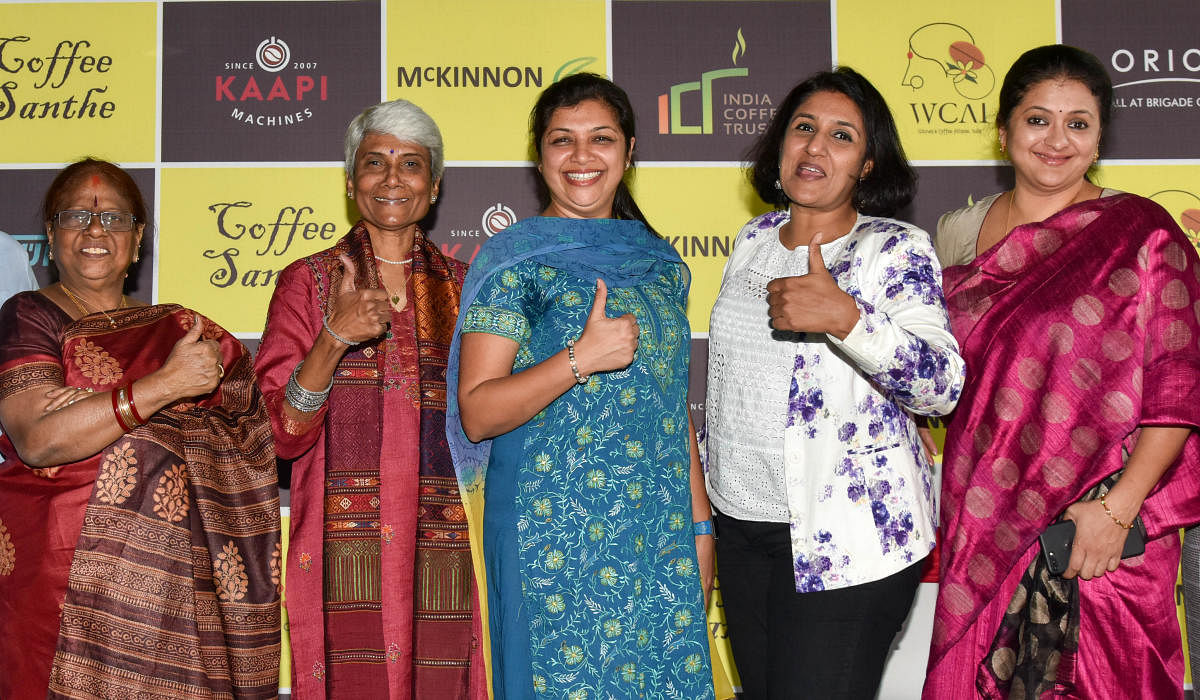 The office-bearers of Women's Coffee Alliance-India (from left) Renuka Gangadhar, Sunalini Menon, Radhika Uthappa, Urvashi Malhotra and Hamsini Appadurai at a press conference on Monday. DH PHOTO/B H SHIVAKUMAR