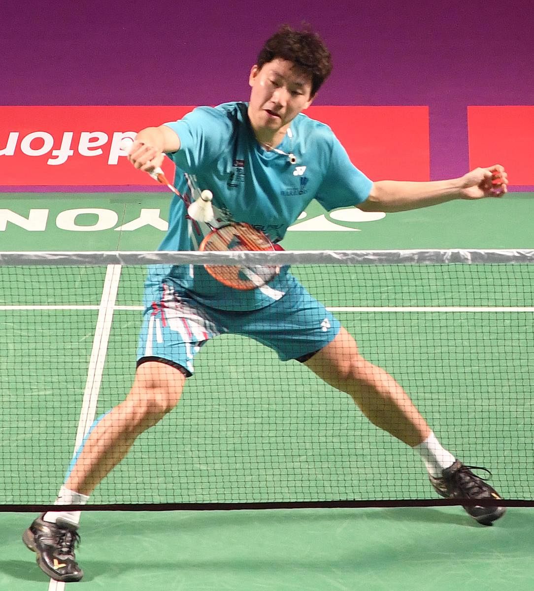 IN CONTROL Lee Dong Keun of Awadhe Warriors en route to his win against We Feng Chong of Chennai Smashers in a PBL clash in Bengaluru on Monday. DH Photo/ Srikanta Sharma R