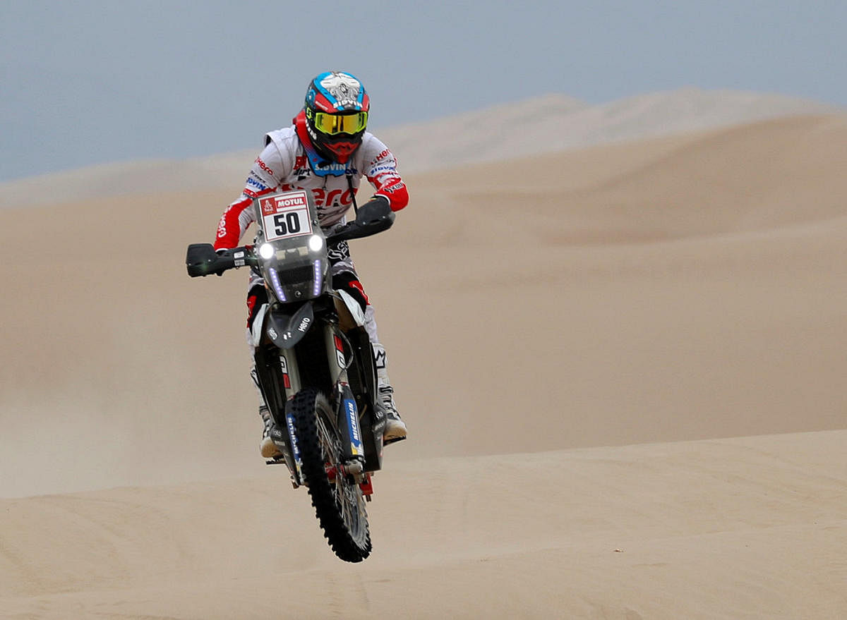 Hero Motorsports' C S Santosh competes in the first stage of the Dakar Rally on Monday. REUTERS