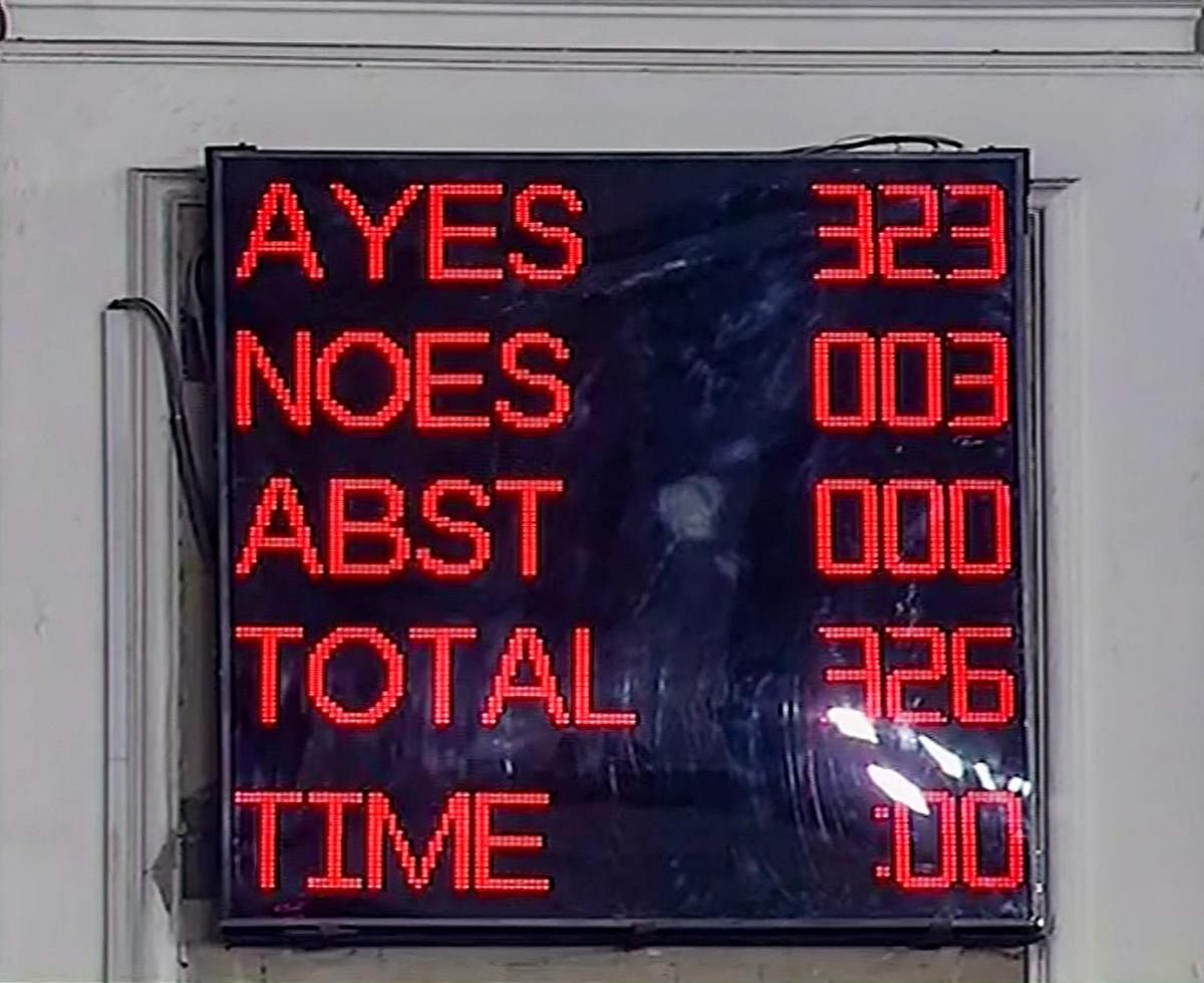 A screen displays the results of voting on the bill to provide 10 per cent reservation in jobs and educational institutions to economically backward section in the general category, in Lok Sabha in New Delhi, Tuesday, Jan 8 2019. (LSTV grab via PTI)