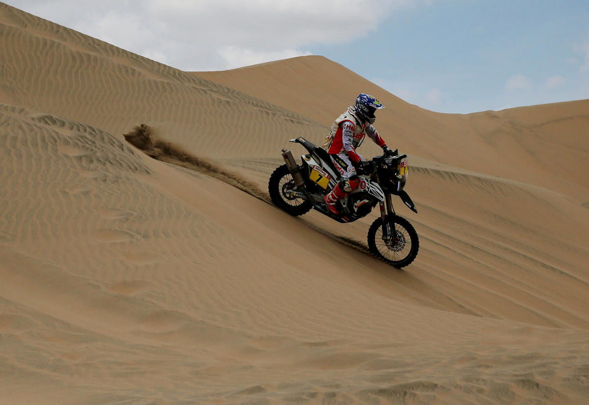 Hero Motosports' Oriol Mena tackles a sand dune in Stage 2 of the Dakar Rally on Tuesday. REUTERS