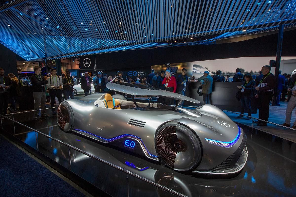 The Mercedes-Benz EQ Silver Arrow, an electric powered homage to the record-breaking W 125 car from 1937, is displayed at the Las Vegas Convention Center during CES 2019. AFP