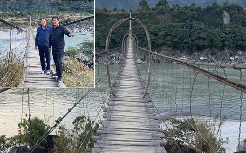 Arunachal Pradesh chief minister Pema Khandu inaugurated the 300-meter long bridge at Yingkiong, the headquarters of Upper Siang district, situated about 400-km from the state capital Itanagar. (Twitter/@PemaKhanduBJP)
