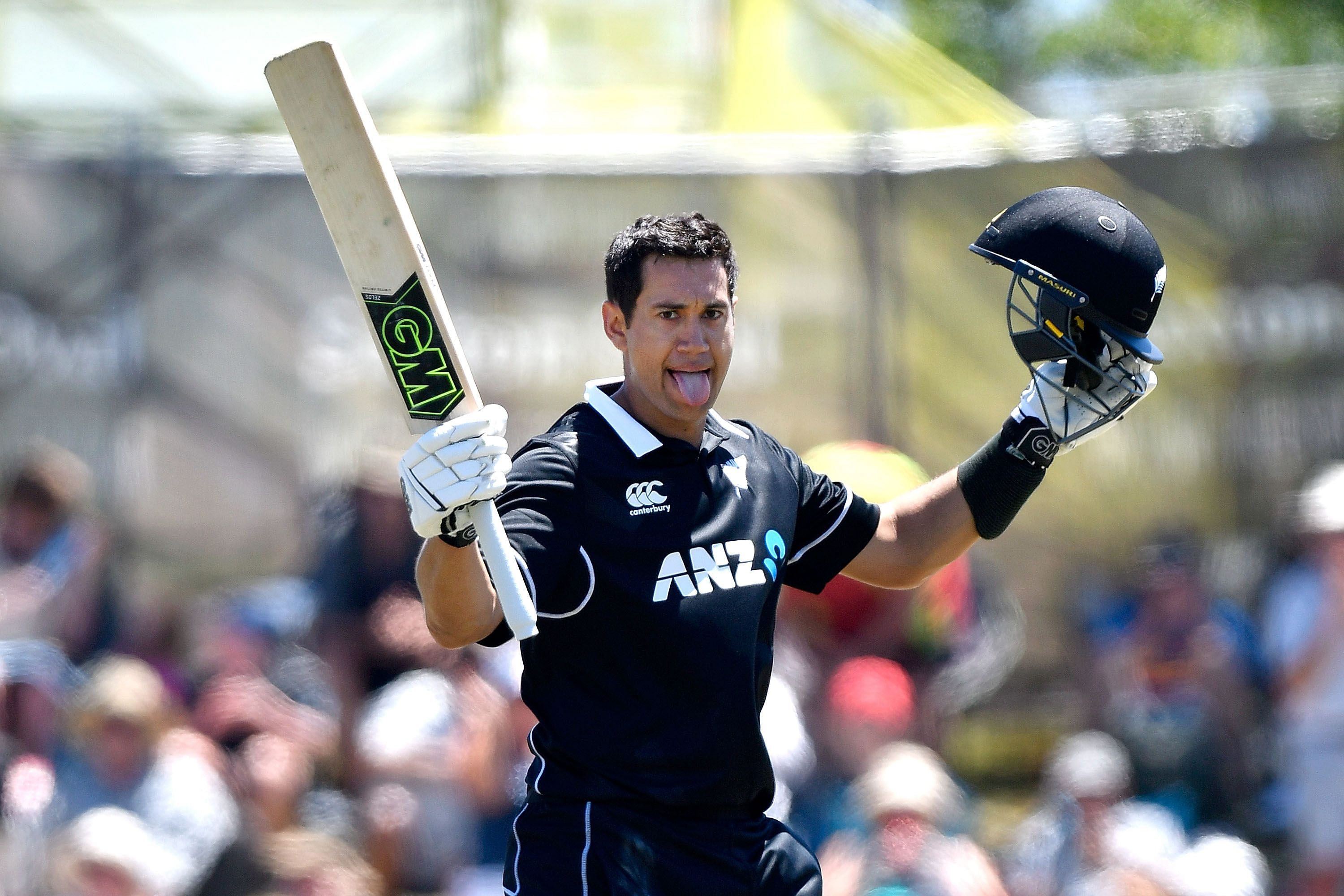  New Zealand's Ross Taylor celebrates after completing a century against Sri Lanka on Tuesday. AFP