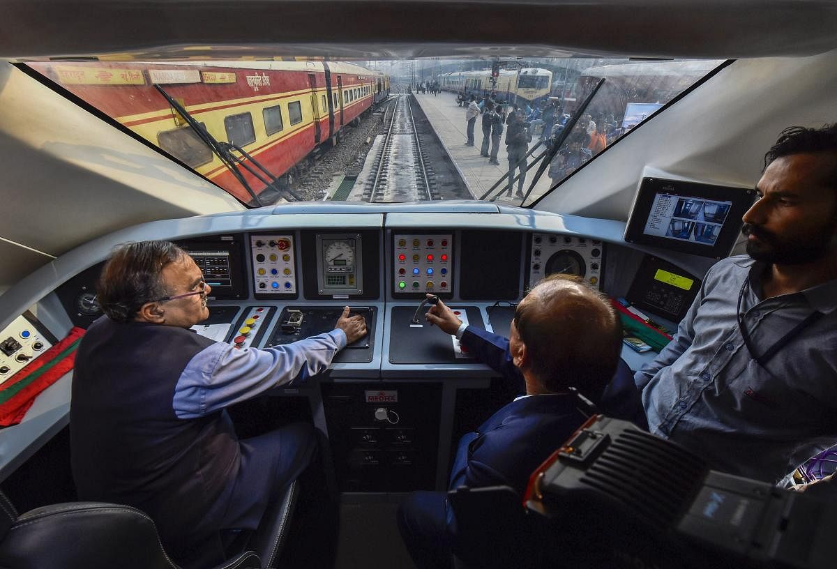 Cockpit of the country's fastest T-18 train, scheduled to run between New Delhi and Varanasi railway stations at New Delhi Railway Station on Wednesday. PTI