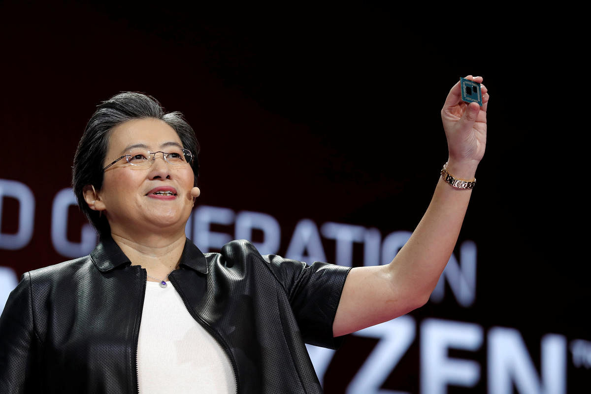Lisa Su, president and CEO of AMD, holds up a 3rd generation Ryzen desktop processor during a keynote address at the 2019 CES in Las Vegas. Reuters