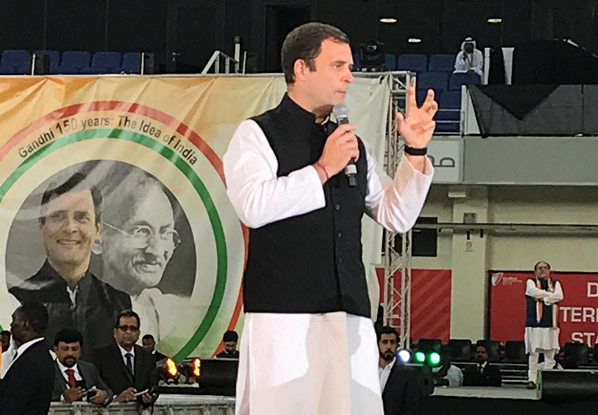 Rahul Gandhi, president of Congress Party, speaks at a rally ahead of October's 150th birth anniversary of Mahatma Gandhi, in Dubai. Reuters