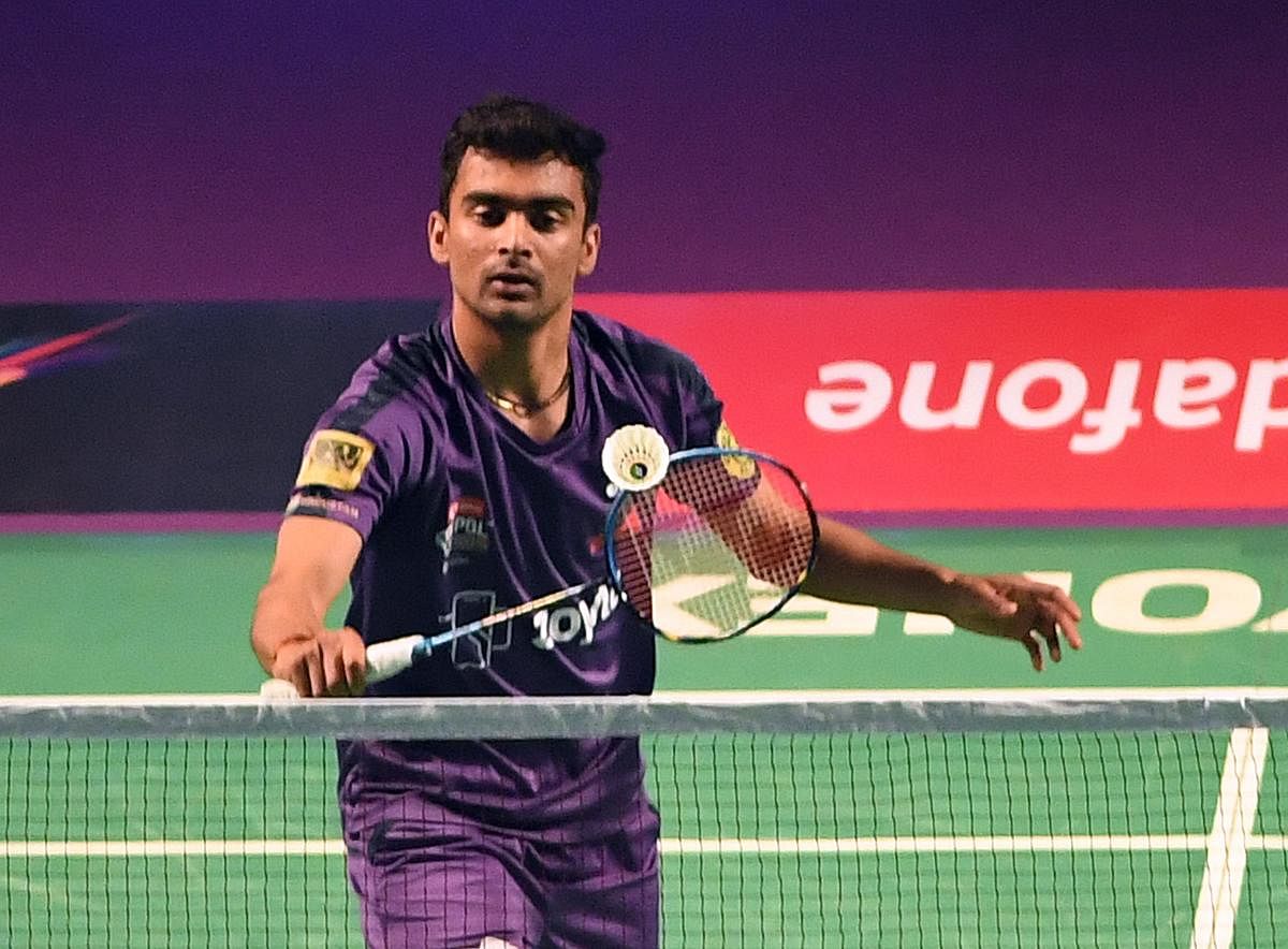 Sameer Verma of Mumbai Rockets en route to his win over Mark Caljouw of Hyderabad Hunters in the Premier Badminton League. DH Photo/ Srikanta Sharma R