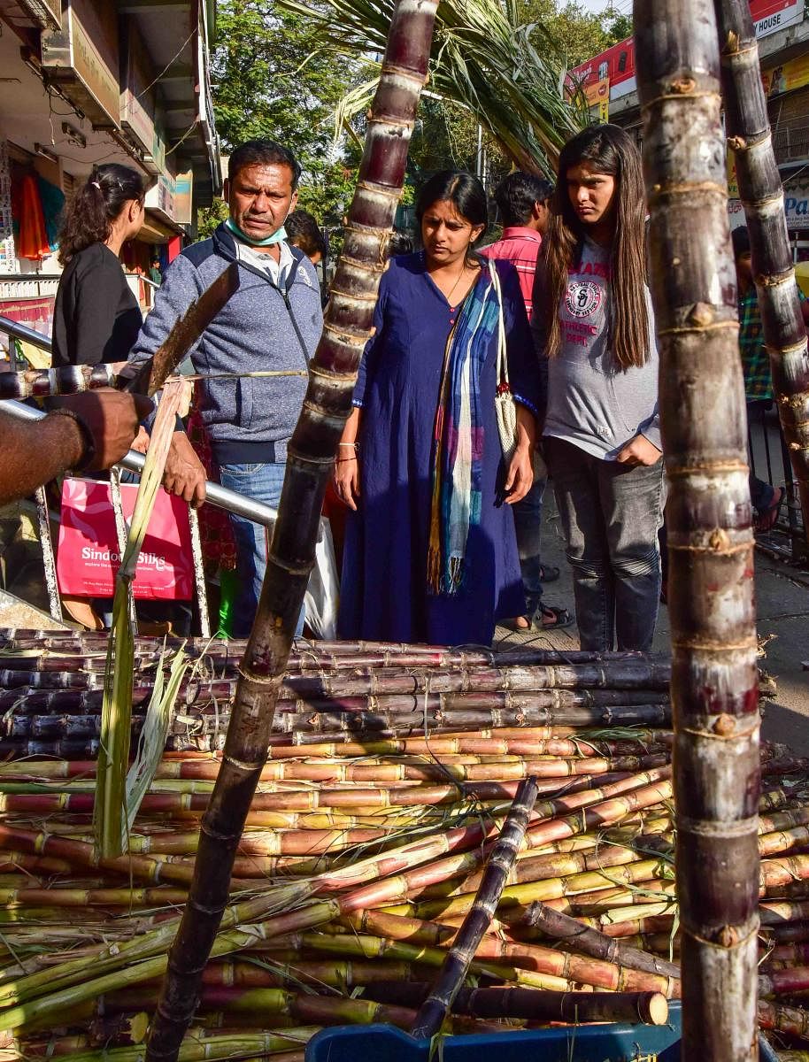 People make a beeline for the Malleswaram market on Sunday to purchase essentials like sugarcane, ellu (sesame), bella (jaggery), kadale (fried gram) and sakkare achchu (sugar block) ahead of Sankranti on Tuesday. DH Photos/MANJUNATH M S & S K DINESH