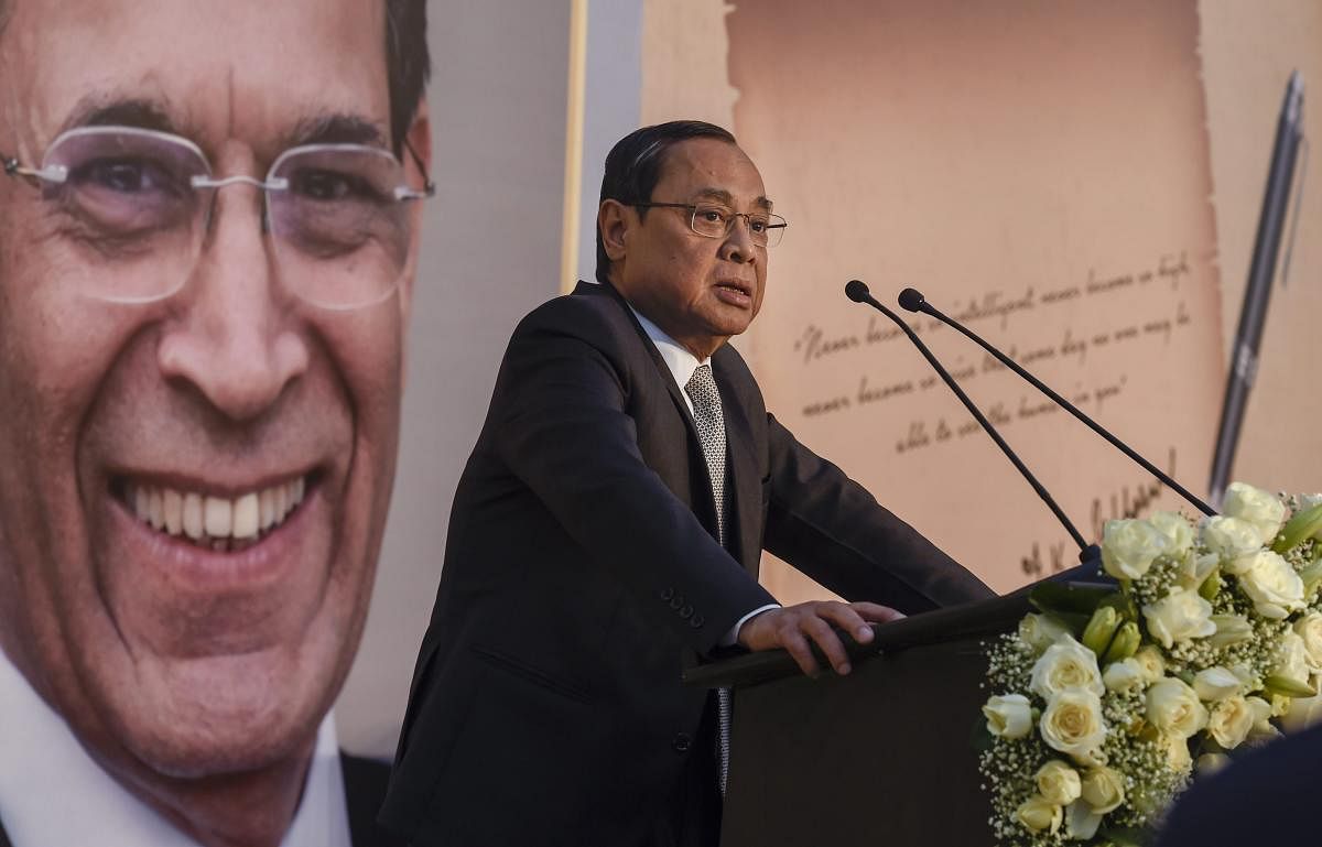 Chief Justice of India Ranjan Gogoi speaks during a book release in New Delhi on Monday. PTI photo