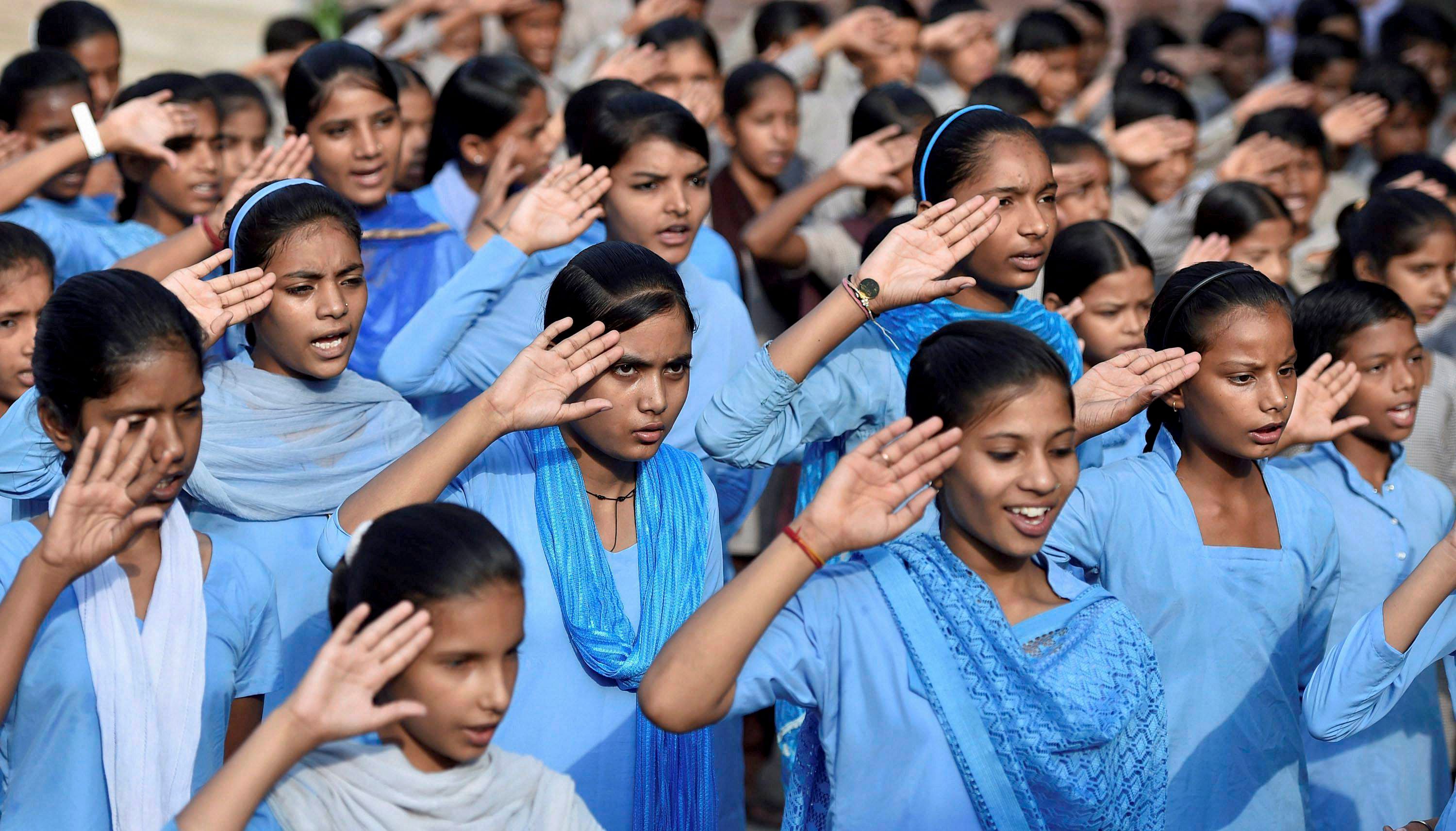 A directive has been issued to 1.22 lakh government schools and more than 35,000 private schools in Madhya Pradesh to ensure that students say 'Jai Hind' during the roll call. PTI file photo