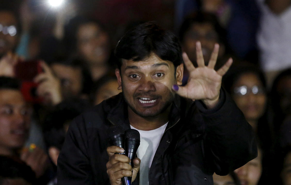 Kanhaiya Kumar, JNU student union leader, gestures as he addresses a meet inside JNU campus in New Delhi. REUTERS