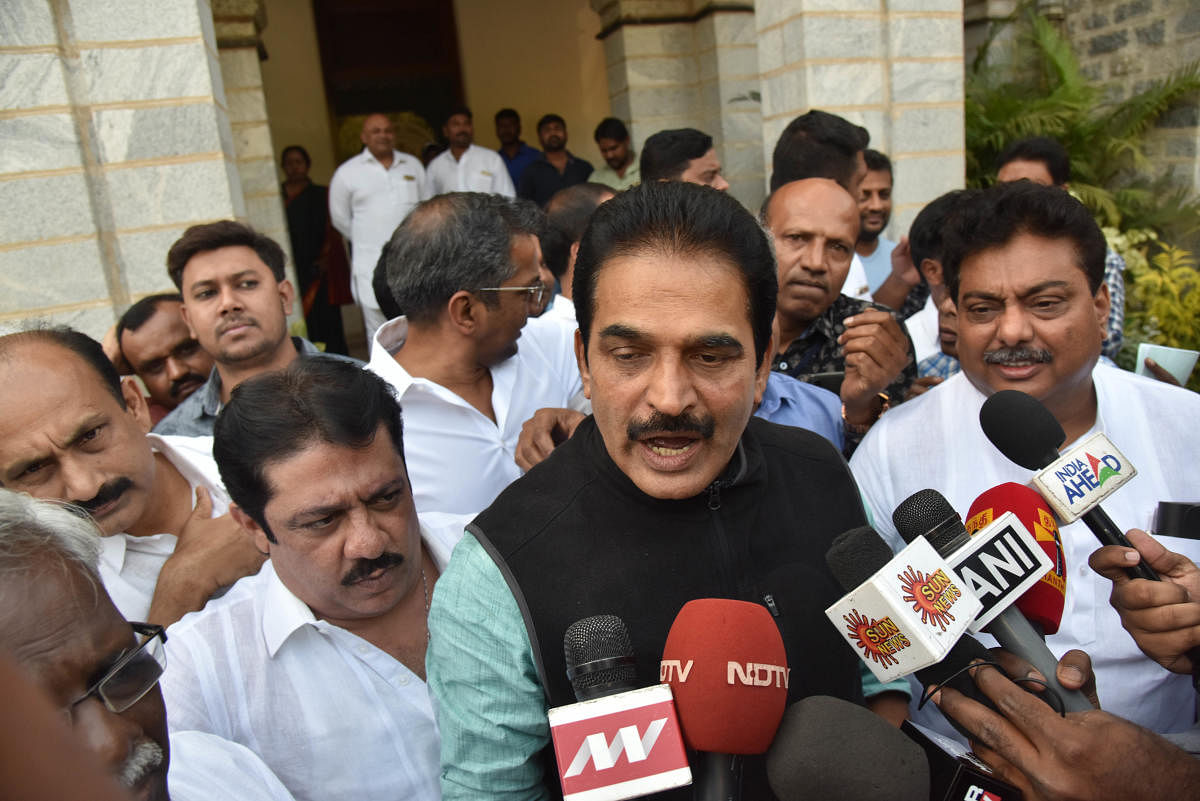AICC General Secretary and Karnataka in charge, K C Venugopal talking to media after the KPCC leaders meeting, at Kumara Krupa guest house, in Bengaluru on Wednesday. DH photo
