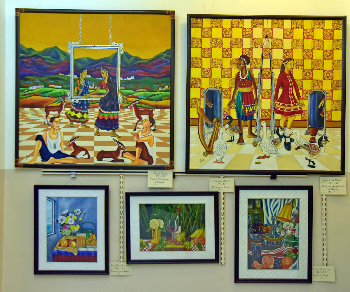 Some of Zena Colaco’s paintings that were displayed during the exhibition at Preediv Art Gallery in Mangaluru recently.