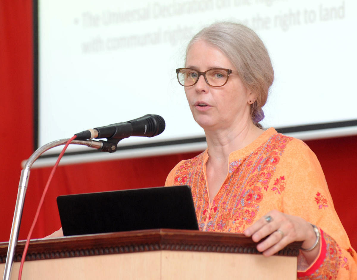 Ute Ritz-Deutch, New York State Coordinator for Amnesty International, US, speaks at the conference hall of the Sophia Block at St Agnes College, Mangaluru, on Thursday.