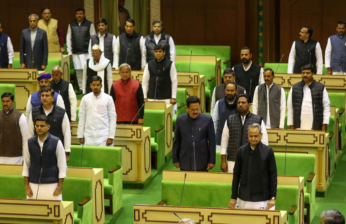 Rajasthan Chief Minister Ashok Gehlot, his deputy Sachin Pilot and other members in the State Assembly in Jaipur. PTI File photo 