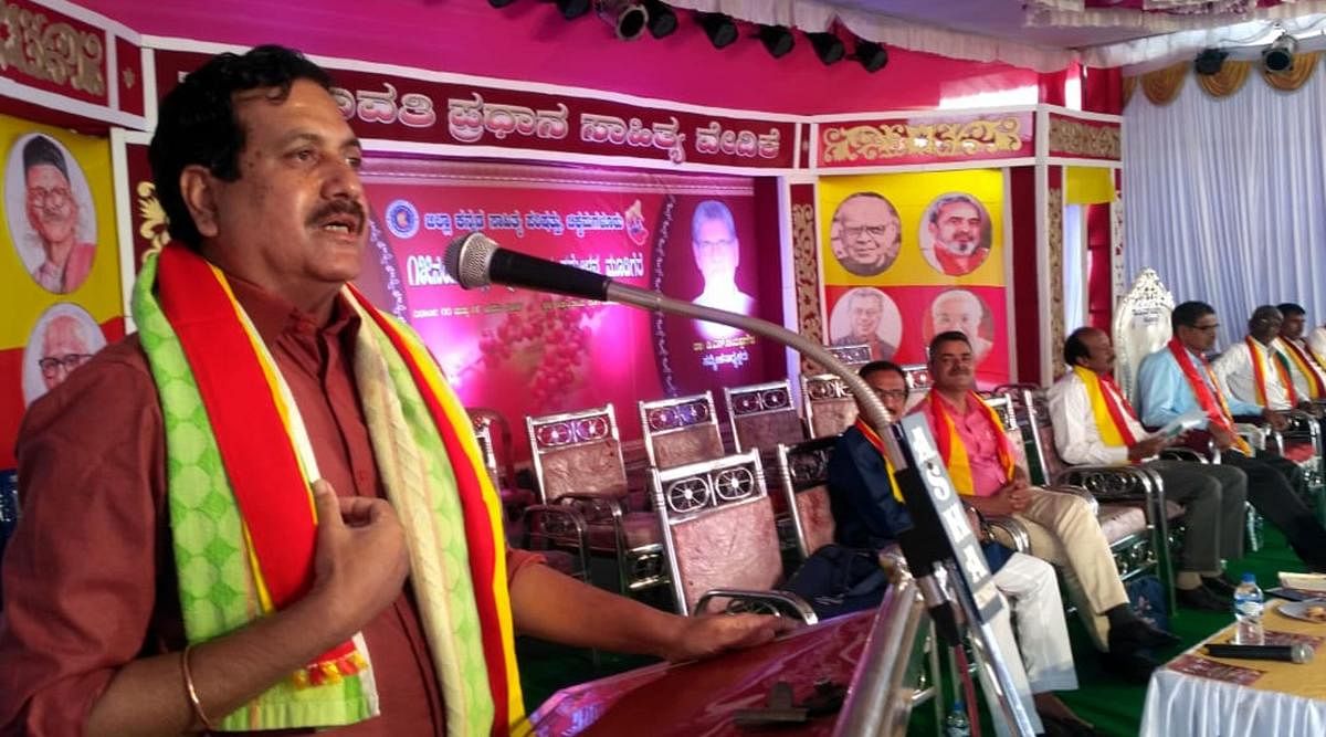 Former MLA Y S V Datta speaks at a session on the second day of the Zilla Kannada Sahitya Sammelana in Mudigere.