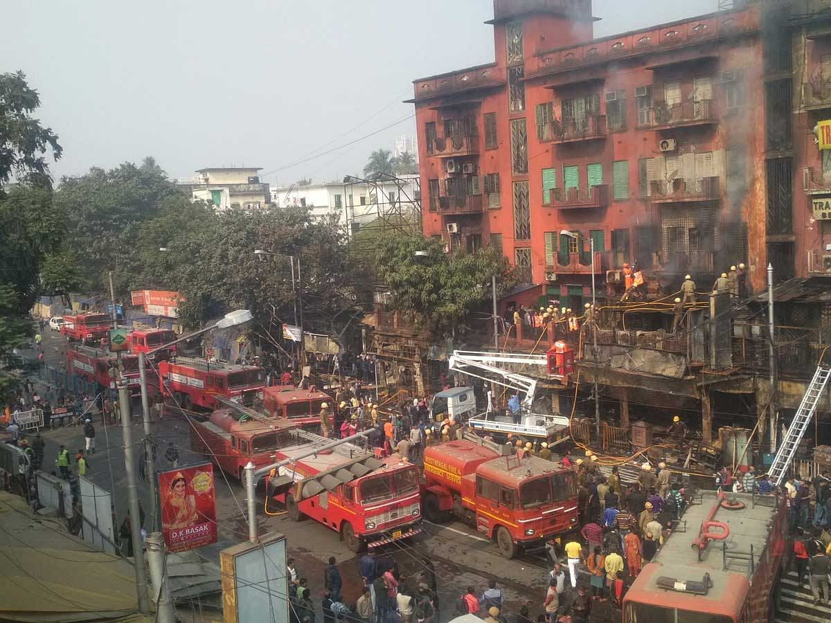 A major fire broke out on early Sunday at a five-storey building in southern Kolkata, gutting goods worth lakhs and destroying multiple shops next to the building, a senior fire department official said. Picture courtesy Twitter