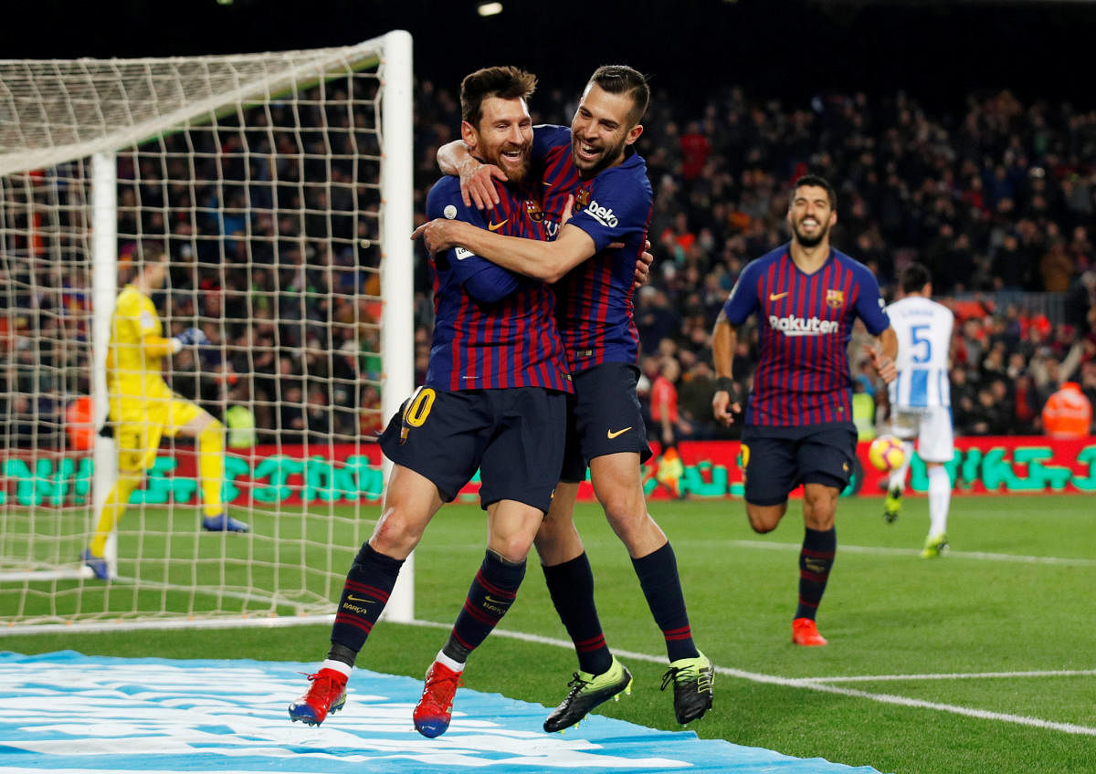 La Liga Santander - FC Barcelona v Leganes - Camp Nou, Barcelona, Spain - January 20, 2019 Barcelona's Lionel Messi celebrates scoring their third goal with Jordi Alba. REUTERS