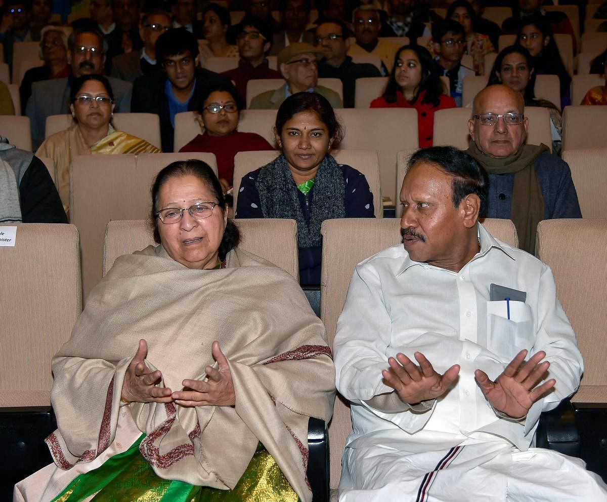 Lok Sabha Speaker Sumitra Mahajan and Deputy Speaker M. Thambidurai during a function in New Delhi. PTI file photo