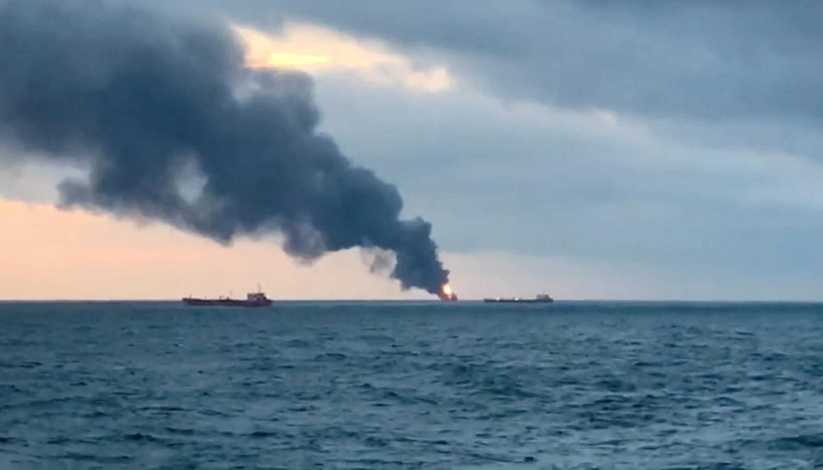 Smoke rises from a fire at a ship in the Kerch Strait near Crimea January 21, 2019 in this still image taken from Reuters TV footage. REUTERS photo