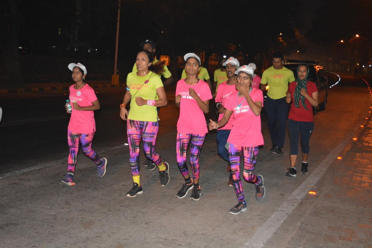 Visually impaired athletes run a 150 km ultra-marathon from Mysuru to Bengaluru, in Mysuru on Wednesday.