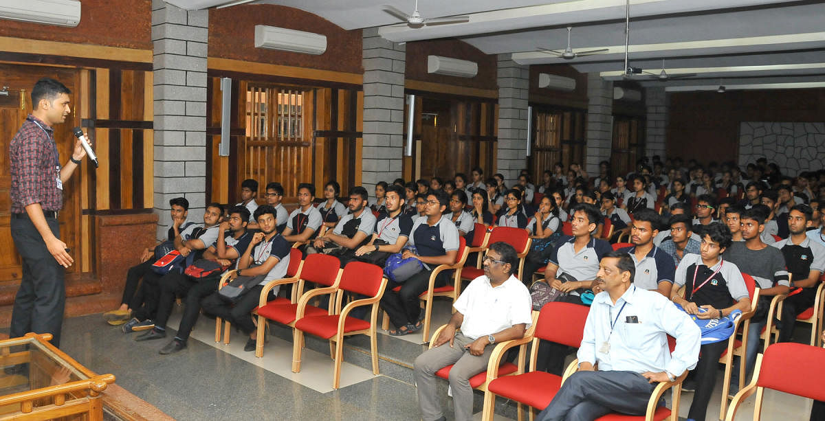 Ankith S Kumar, student counsellor, addresses students of Sahyadri College of Engineering and Management in Mangaluru.