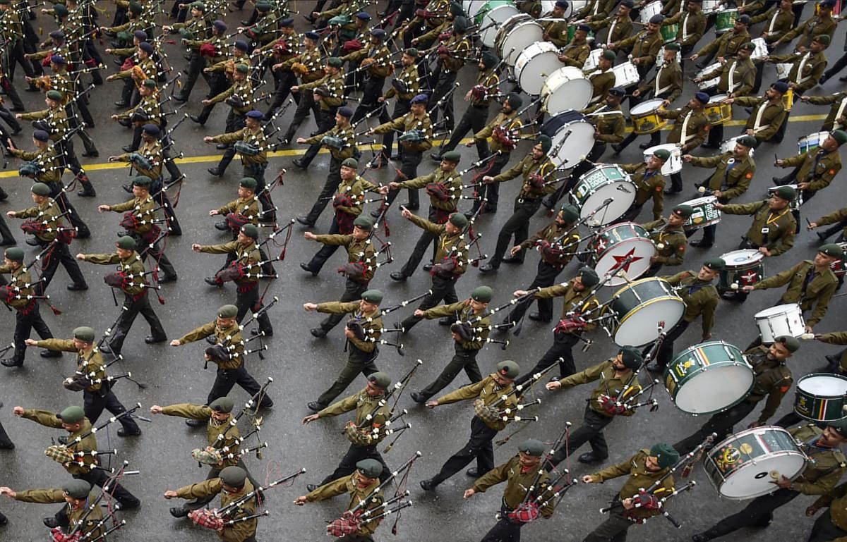 Tri-services bands rehearse for the Beating Retreat ceremony in New Delhi. PTI photo