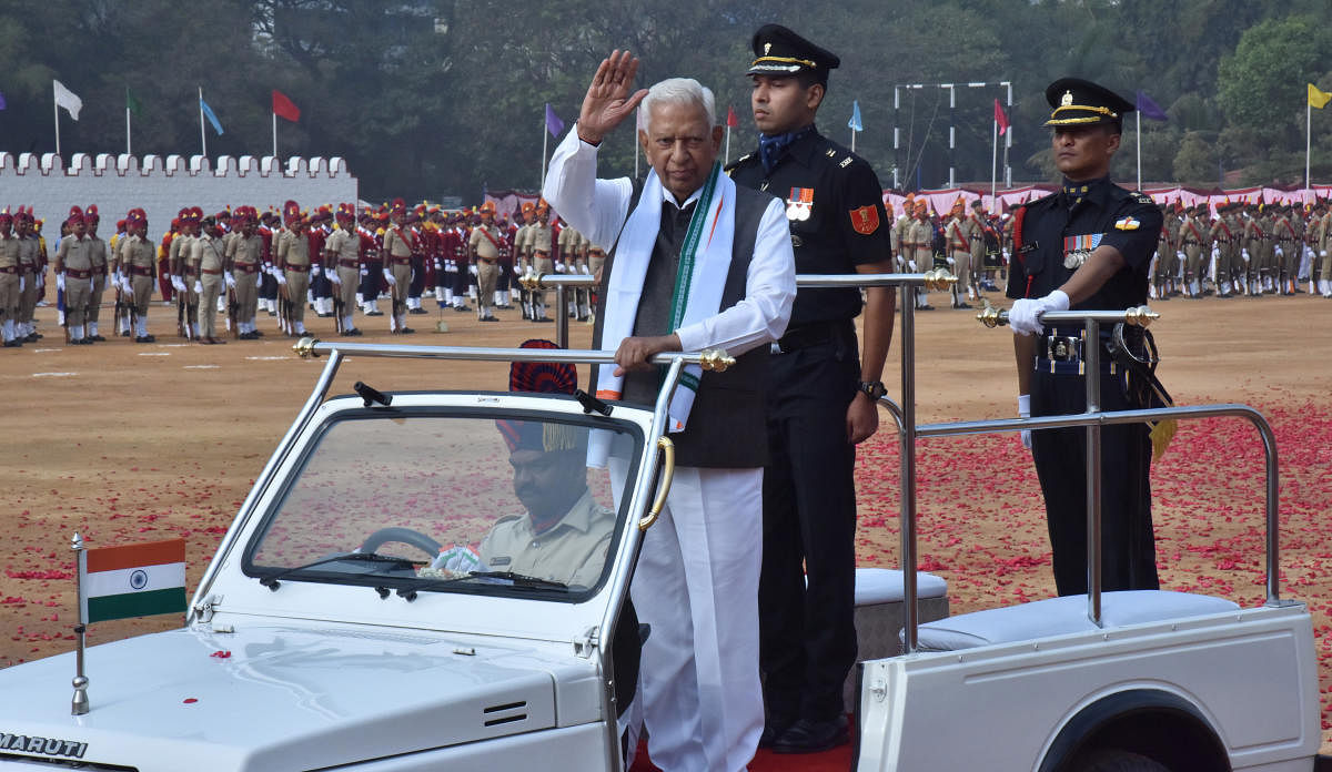 Governor Vajubhai Vala inspects the parade at the Republic Day celebrations at the Field Marshal Manekshaw parade ground in Bengaluru on Saturday. DH photo