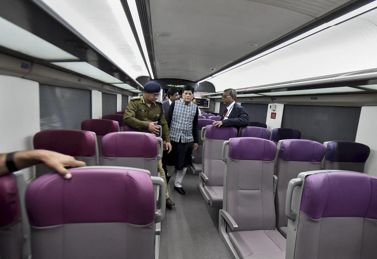Railway Minister Piyush Goyal inspects the country's fastest T-18 train, scheduled to run between New Delhi and Varanasi railway stations, at New Delhi Railway Station in New Delhi. (PTI Photo)