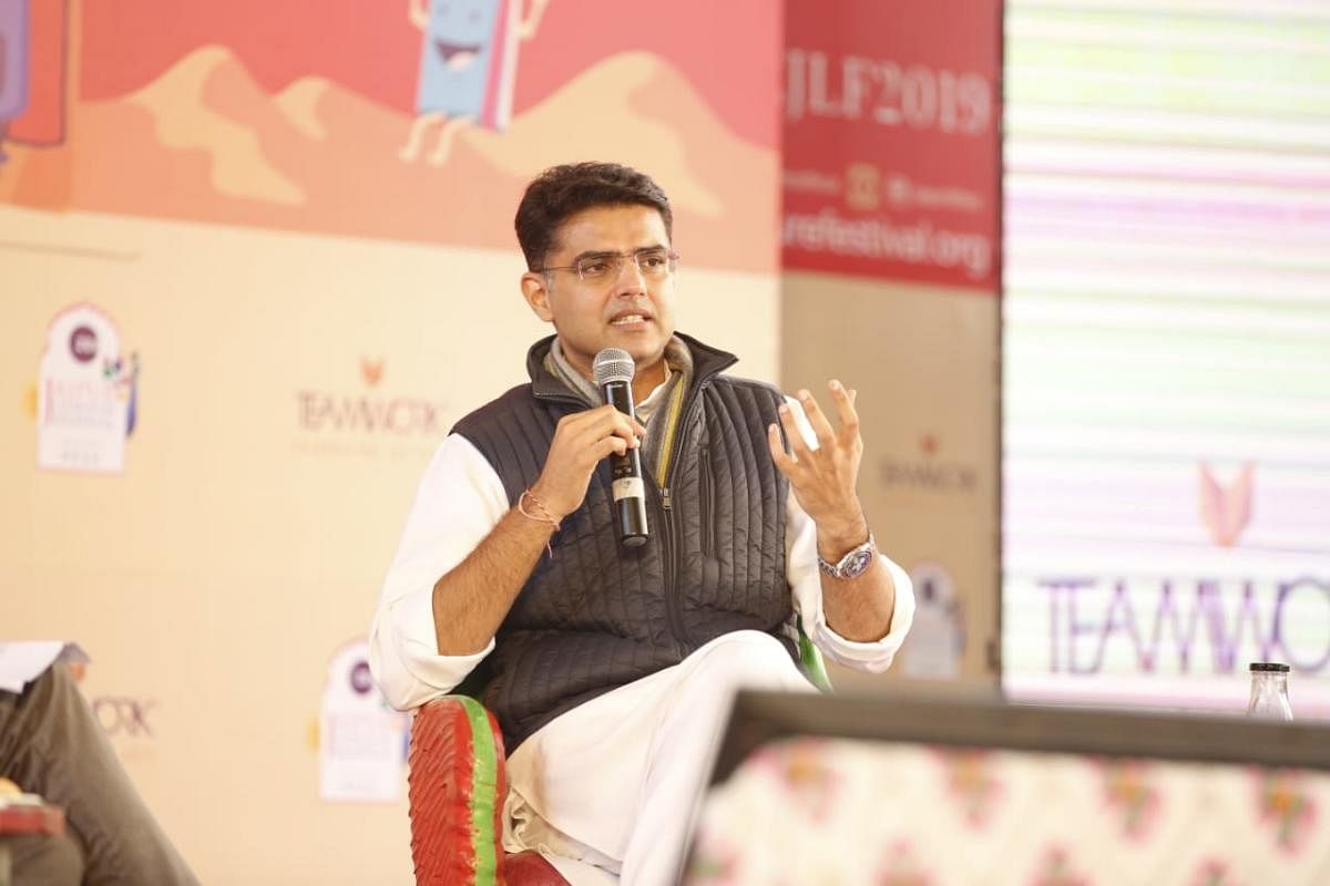 Caption - Photo by Suman Sarkar   Sachin Pilot while speaking at Char Bagh on the day one of Jaipur Literature Festival. 