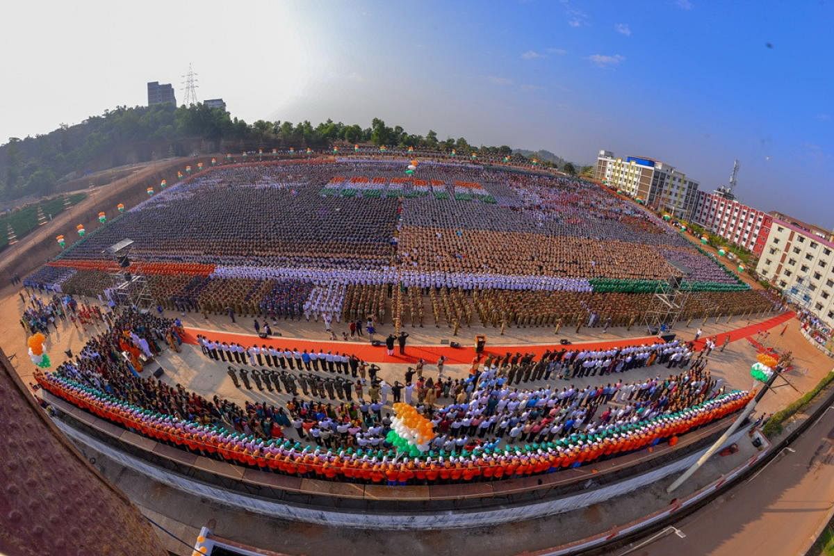 An aerial view of the Republic Day celebrations organised by the Alva’s Education Foundation at Moodbidri on Saturday.