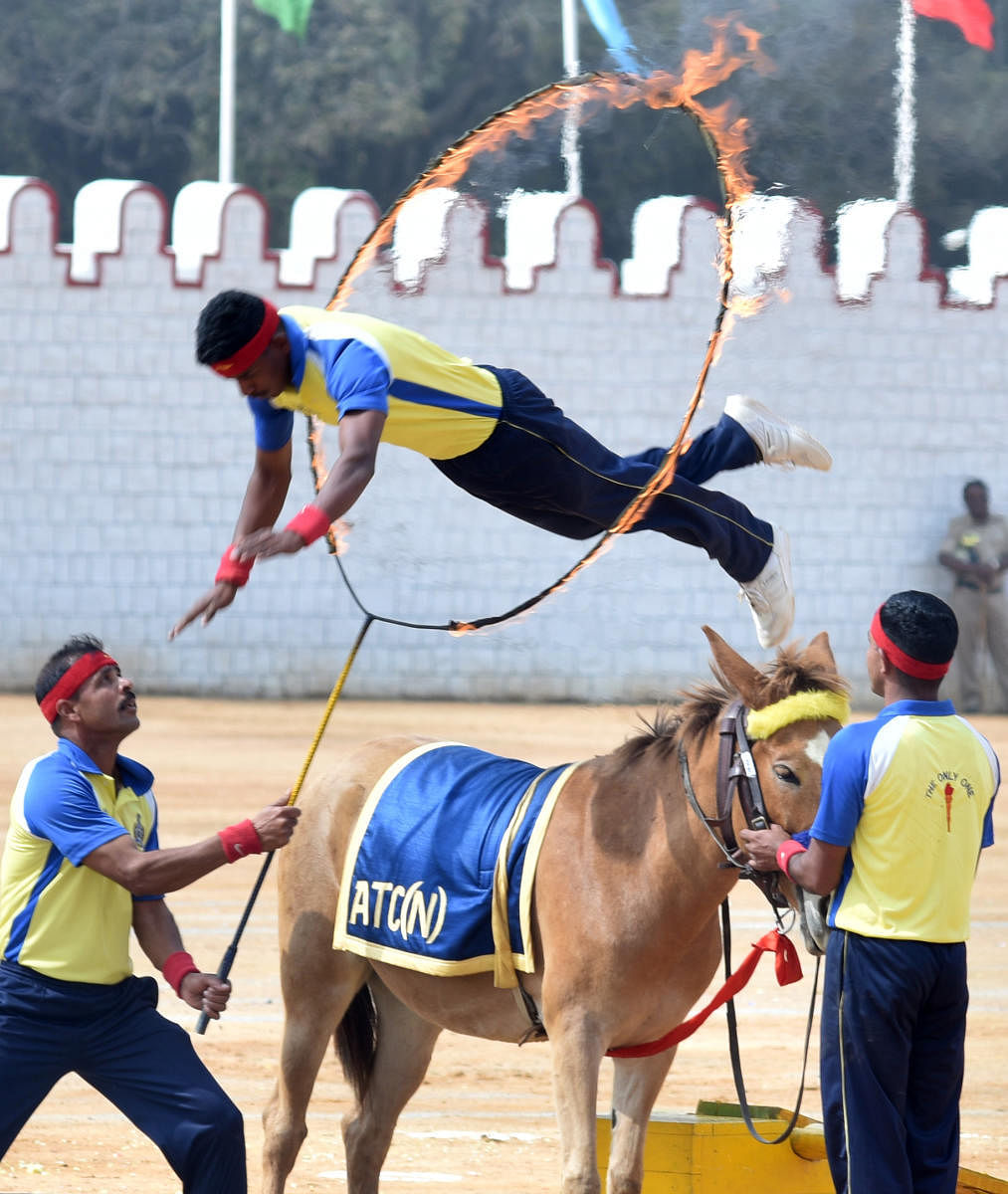 The ASC Kendra team performs mule track riding at the celebrations. dh photos