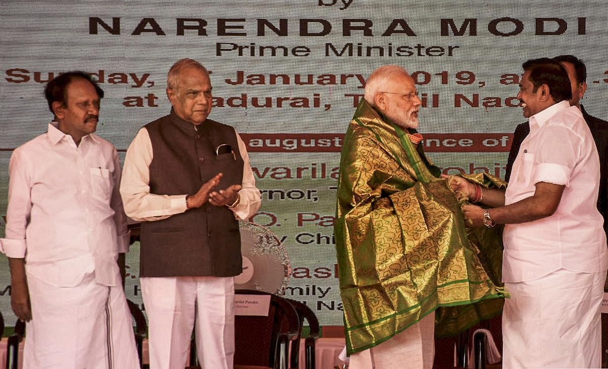 Prime Minister Narendra Modi being greeted by Tamil Nadu Chief Minister K Palaniswami at the foundation stone laying ceremony of All India Institute of Medical Sciences (AIIMS) in Madurai, Sunday, Jan. 27, 2019. (PTI Photo)