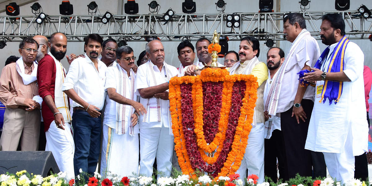 District In-charge Minister U T Khader inaugurates the Tulu Movies Shathotsava organised by Coastalwood Artistes’ and Technicians’ Cultural Association at Nehru Maidan in Mangaluru.