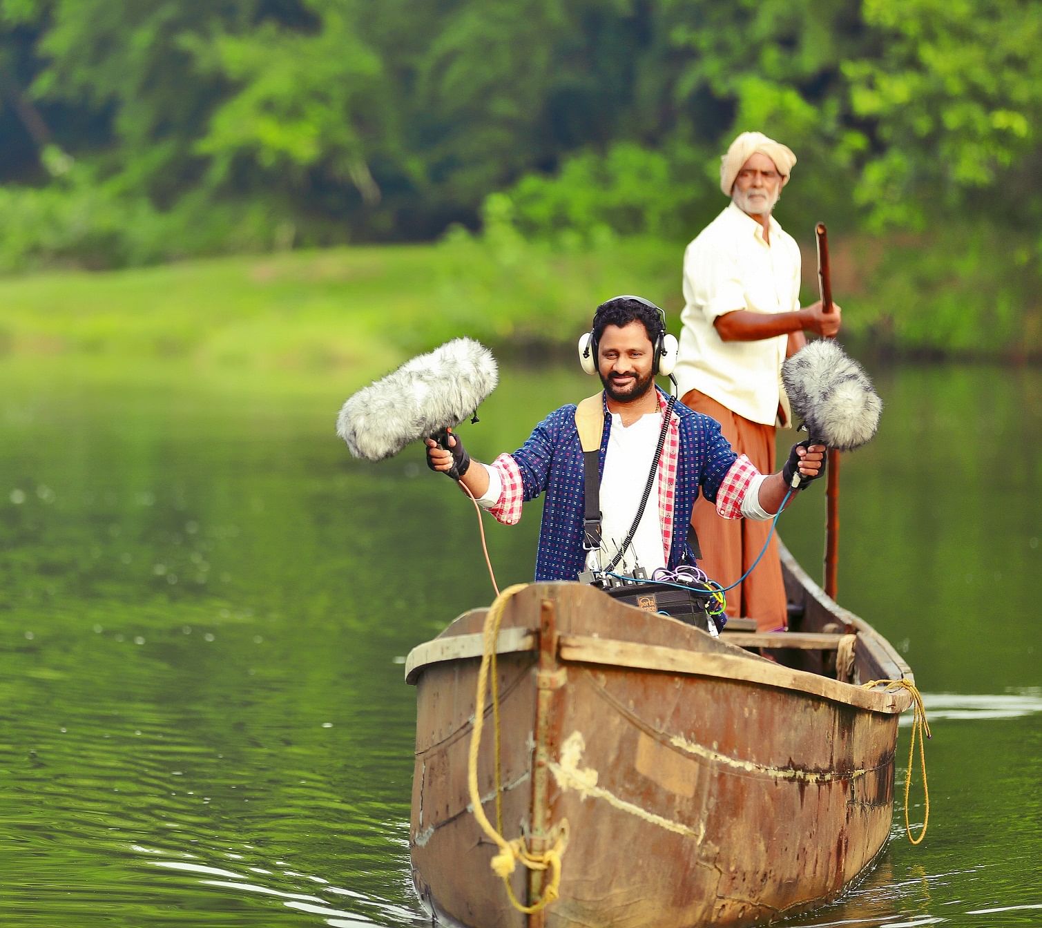 Resul Pookutty captures the sounds of a river using a set of mics.