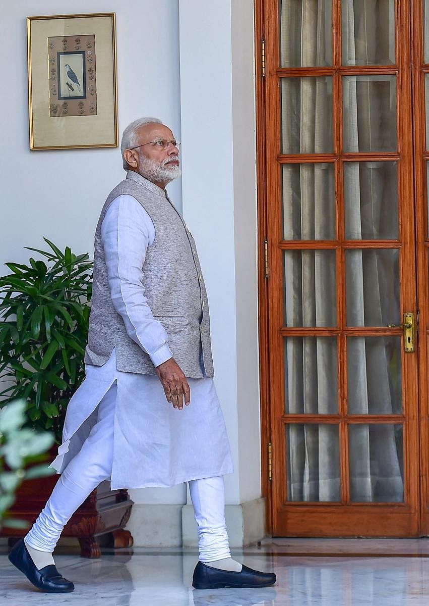Prime Minister Narendra Modi arrives for a meeting with South African President Cyril Ramaphosa at Hyderabad House, in New Delhi. PTI