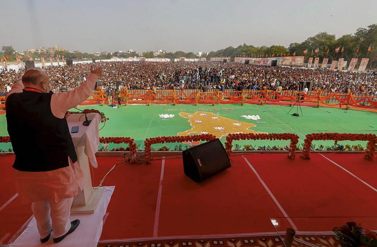 BJP National President Amit Shah addresses the party's Booth Presidents' Sammelan of Kanpur-Bundelkhand region in Kanpur, Uttar Pradesh. PTI photo