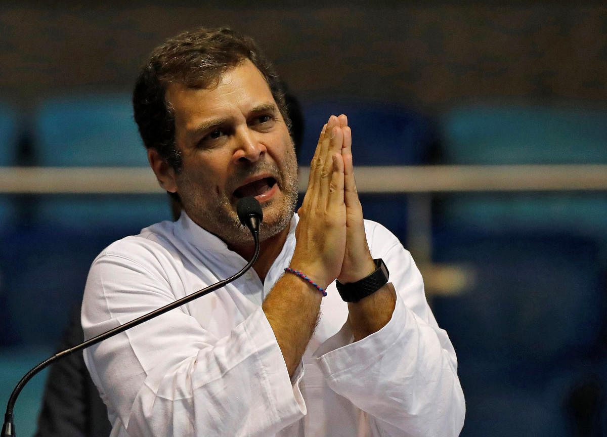 Rahul Gandhi, President of India's main opposition Congress party, gestures as he addresses his supporters at the end of the party's youth wing's "Yuva Kranti Yatra" campaign in New Delhi, India, January 30, 2019. REUTERS