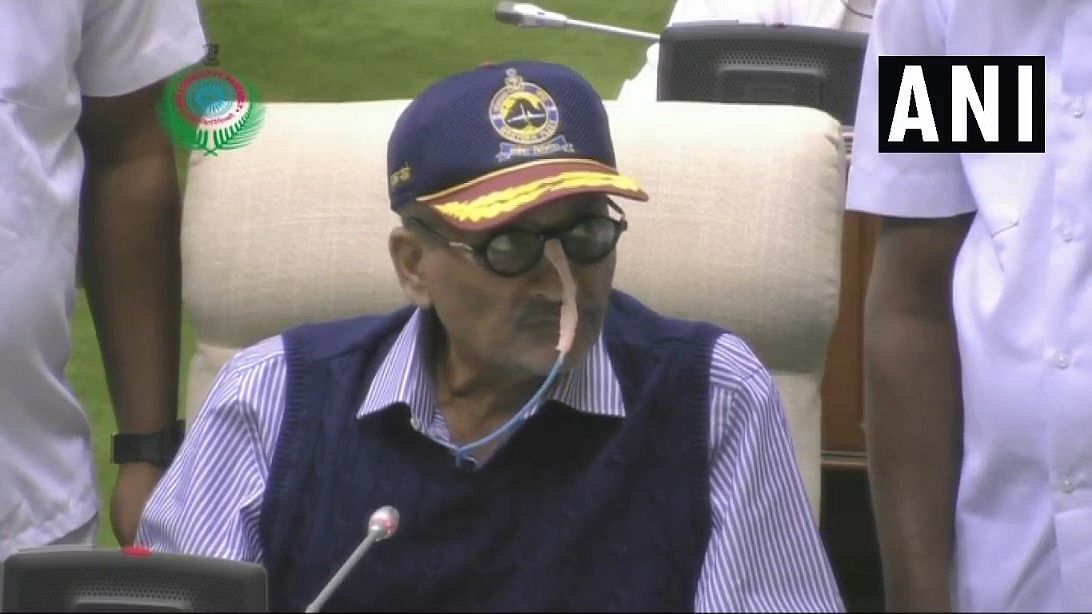 Parrikar, who is suffering from a pancreatic ailment, presented a revenue surplus state budget sitting on his chair in the state Assembly, with a tube inserted through his nose. (Image courtesy ANI/Twitter)