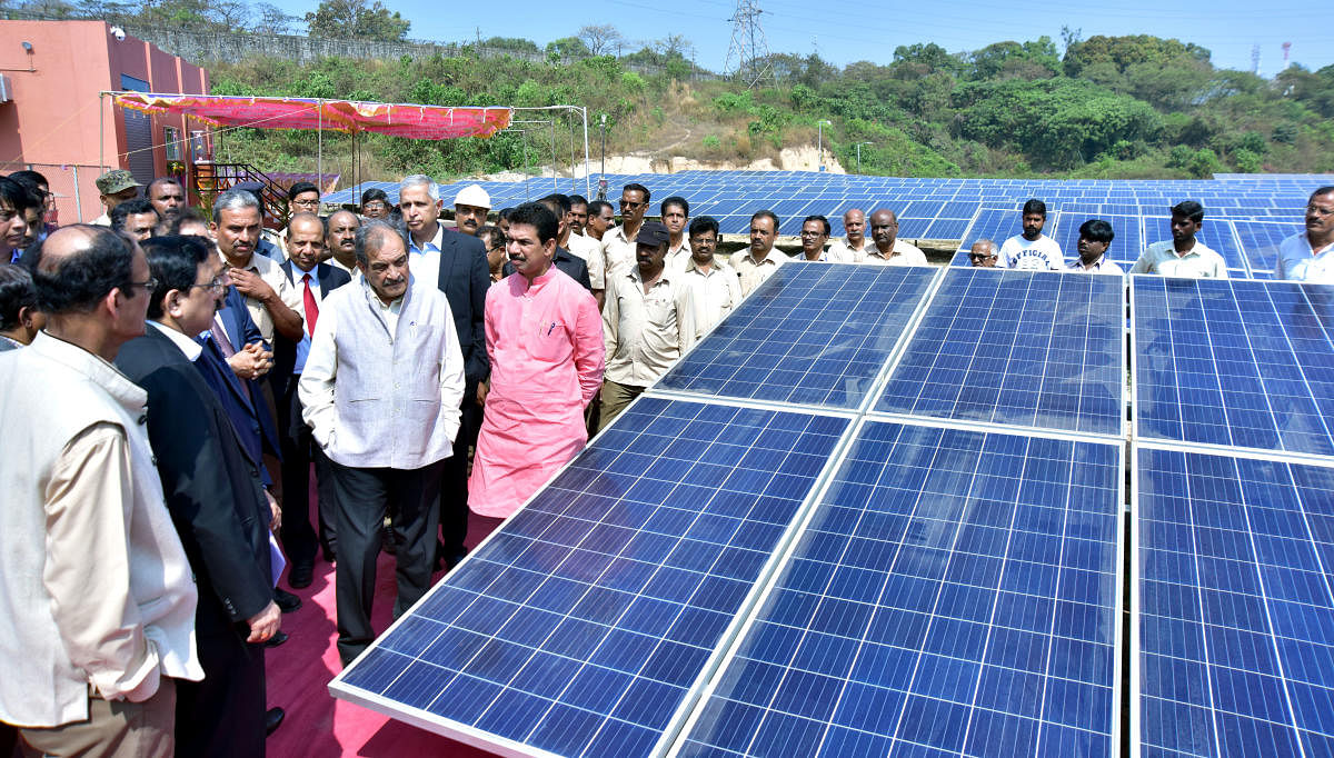Union Minister of Steel Chaudhary Birender Singh, MP Nalin Kumar Kateel and others at the inauguration of 1.3 MW capacity solar power plant, KIOCL Blast Furnace Unit, at Panambur on Wednesday.