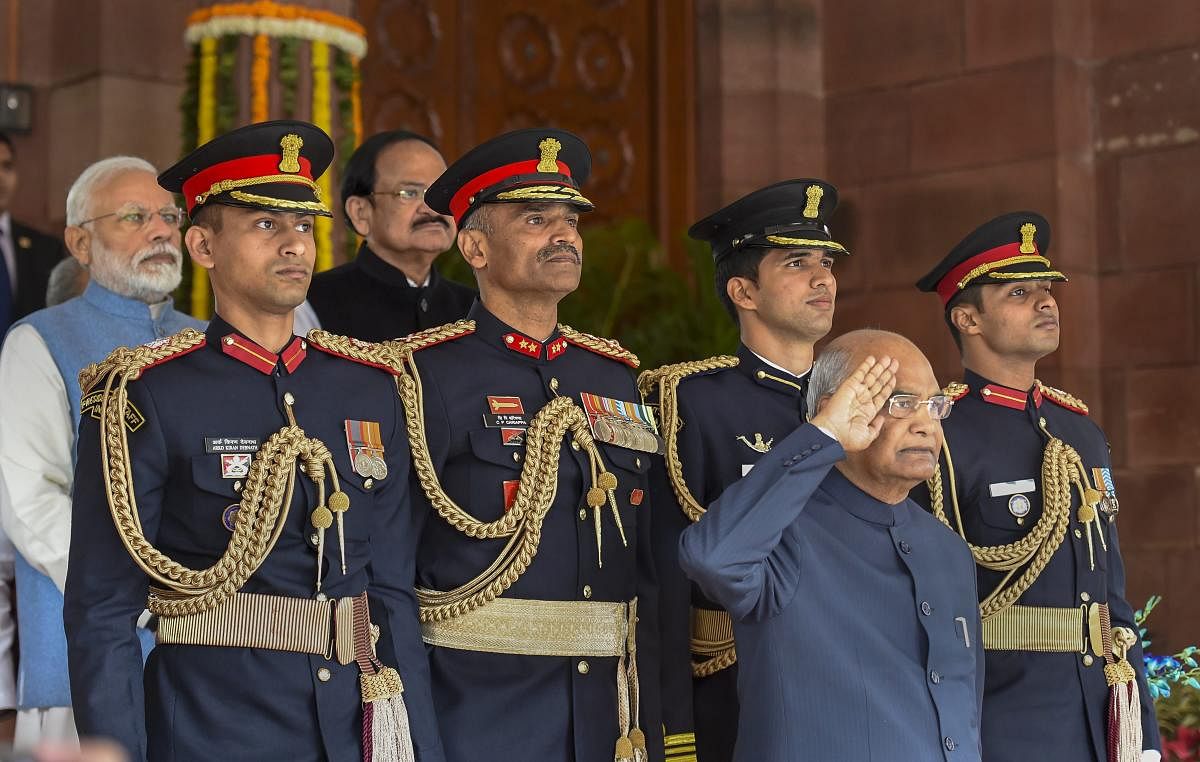 President Ram Nath Kovind takes salute on his arrival to address the joint session of Parliament, to mark the commencement of the Budget Session, in New Delhi. PTI photo