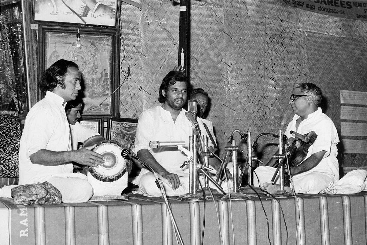 Legendary singer K J Yesudas performing at the 1976 Ramanavami music festival at the Fort High School grounds.