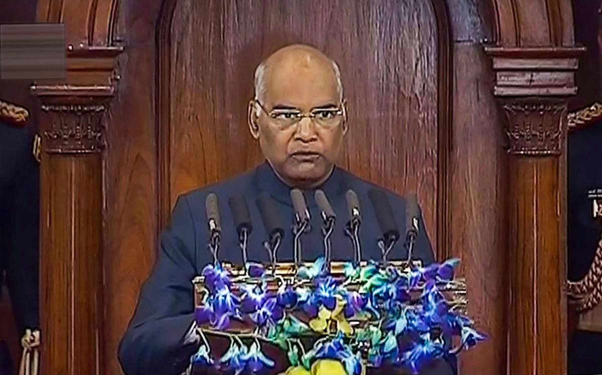 President Ram Nath Kovind addresses the joint session of both the Houses on the first day of the Budget Session in the Central Hall of Parliament in New Delhi. PTI