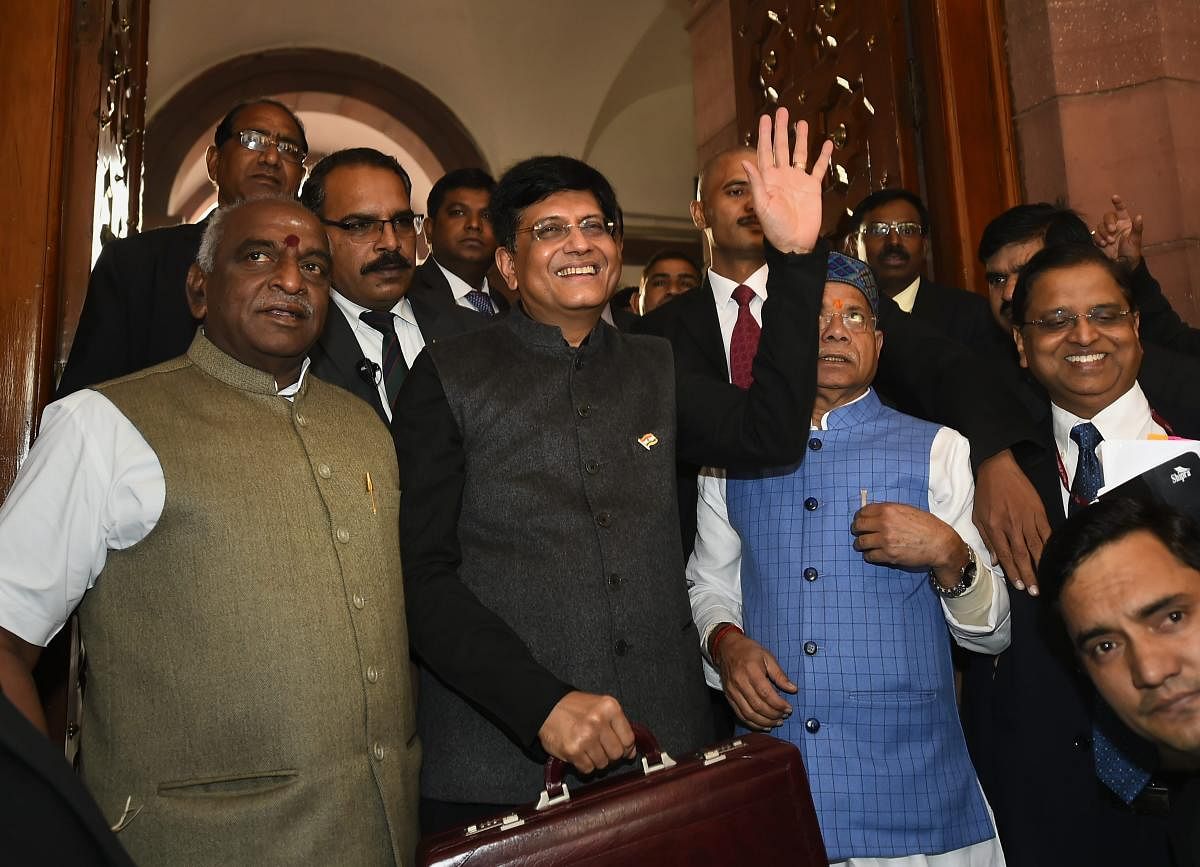 Finance Minister Piyush Goyal, with MoS Finance minister Shiv Pratap Shukla, arrives in the Parliament to present the interim Budget 2019-20, in New Delhi on February 1, 2019. PTI