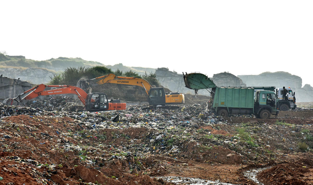 BBMP dumping yard at Bellali village near Kannuru on Bengaluru outskirt on Wednesday. Photo by Janardhan B K