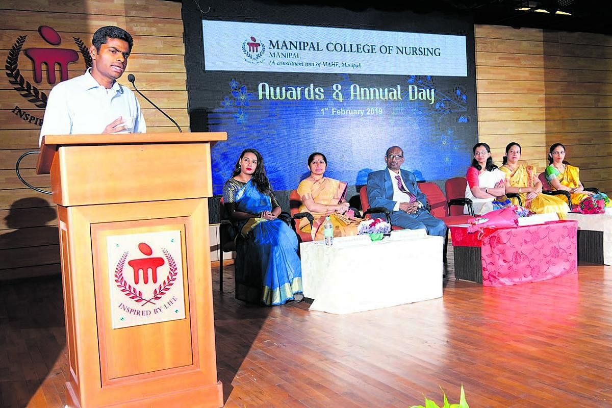 DCP of South Bengaluru K Annamalai speaks at the 29th awards and annual day celebrations of Manipal College of Nursing, MAHE, Manipal.
