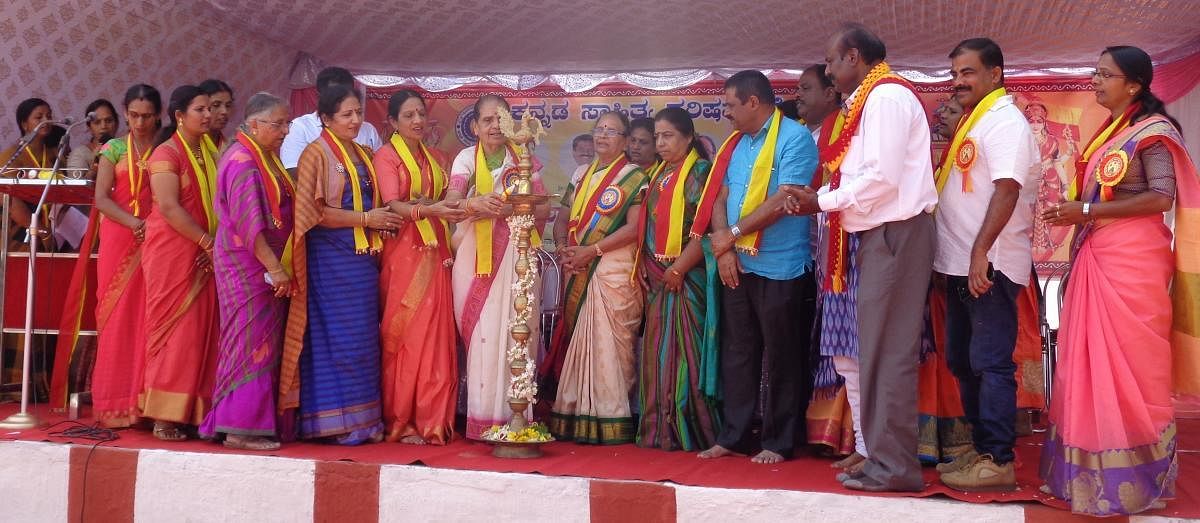 Akkamahadevi Study Chair chairperson Leeladevi R Prasad inaugurates Kodagu district's first women's literary meet at Kanive in Kushalnagar on Sunday.