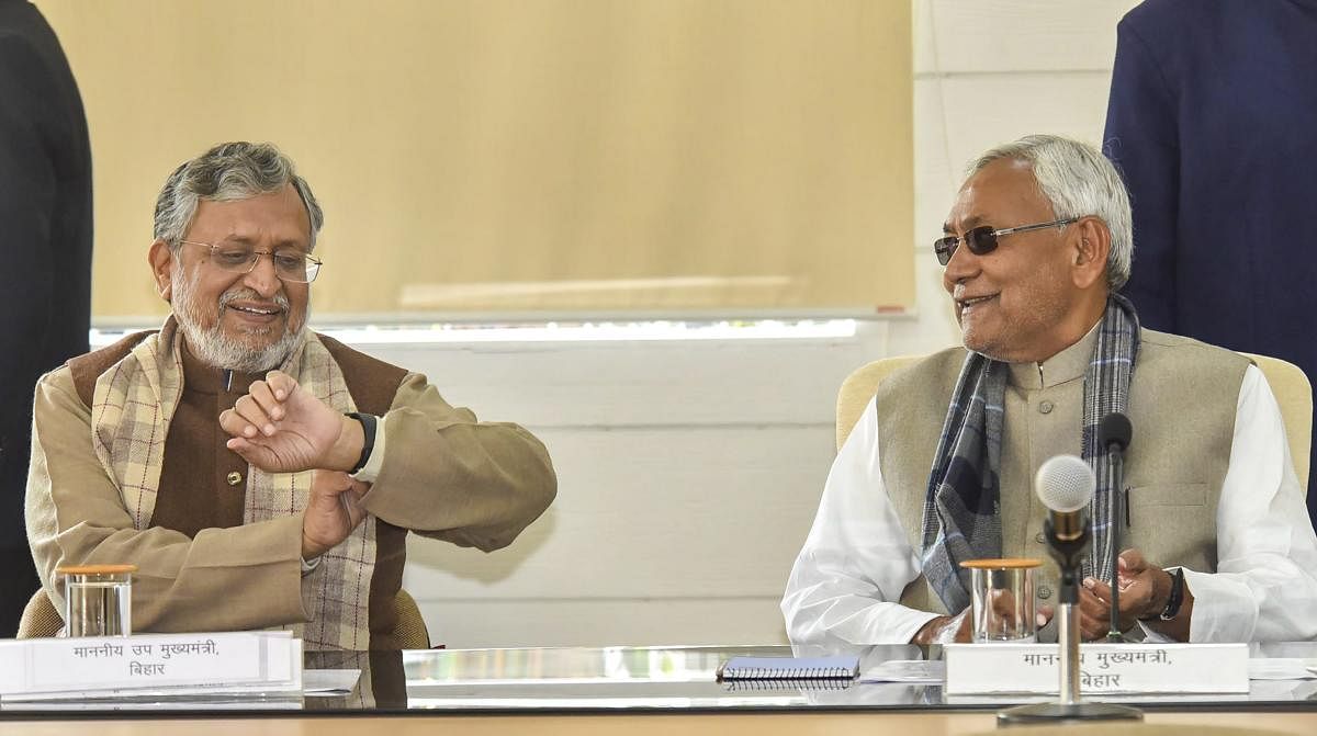 Bihar Chief Minister Nitish Kumar and Deputy CM Sushil Kumar Modi during the Lok Samvad programme at CM's residence, in Patna, Monday, Feb .04, 2019. (PTI Photo)