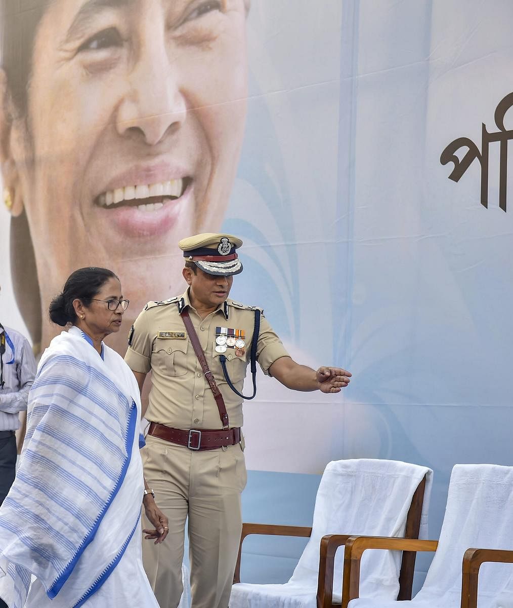 West Bengal CM Mamata Banerjee with Kolkata Police Commissioner Rajeev Kumar during the Joint Investiture Ceremony of West Bengal Police and Kolkata Police, in Kolkata, on February 4, 2019. PTI